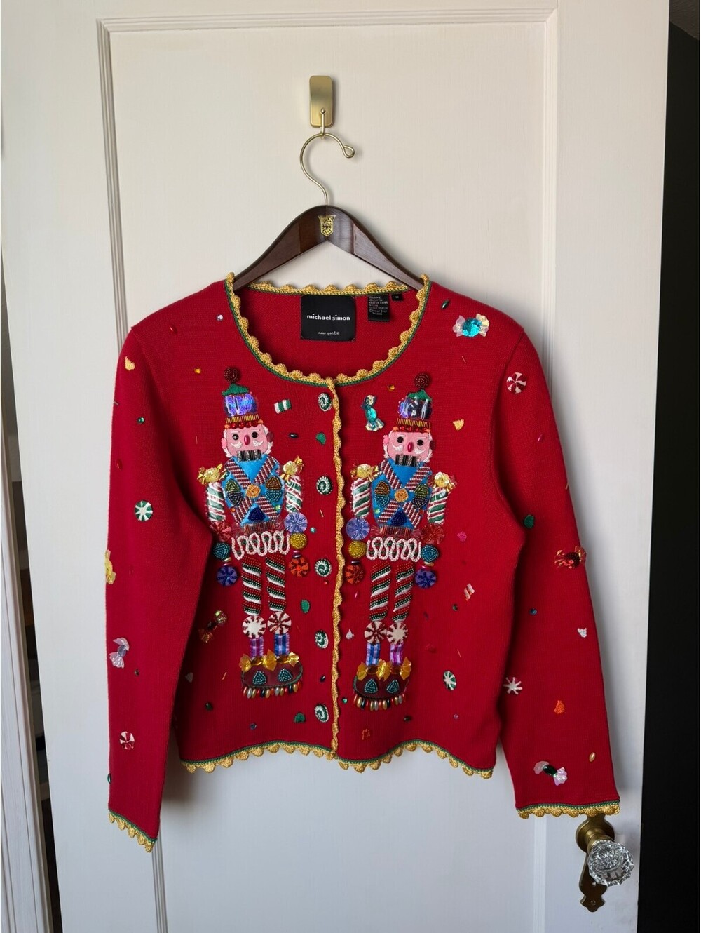 Vintage Michael Simon Beaded Nutcracker Christmas Cardigan Red M